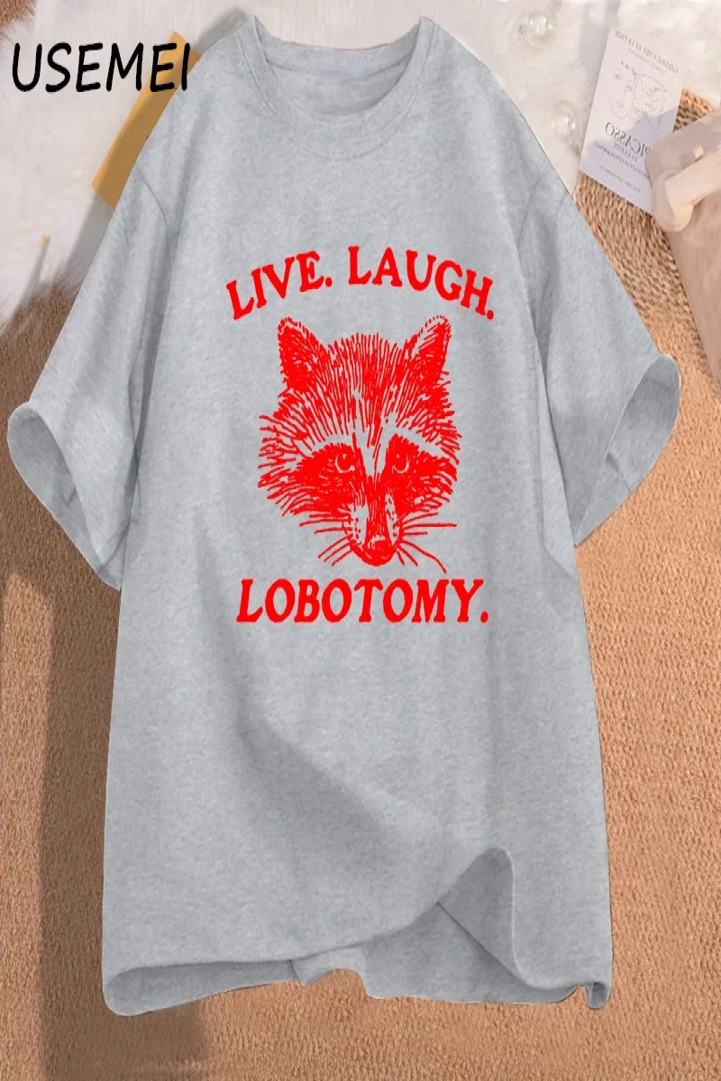 Canlı gülmek Lobotomy T Shirt Meme rakun grafik T-Shirt Vintage pamuk kısa kollu baskılı Tshi 2901