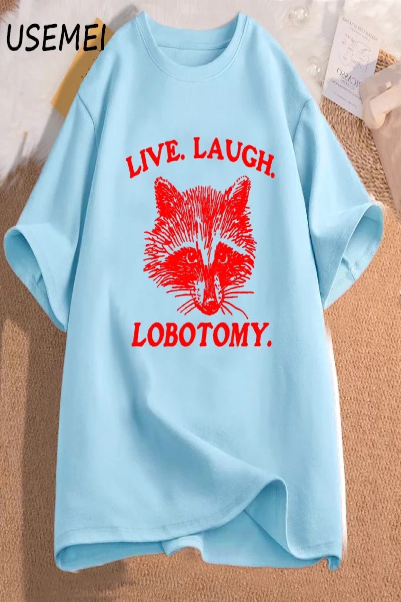 Canlı gülmek Lobotomy T Shirt Meme rakun grafik T-Shirt Vintage pamuk kısa kollu baskılı Tshi 2901