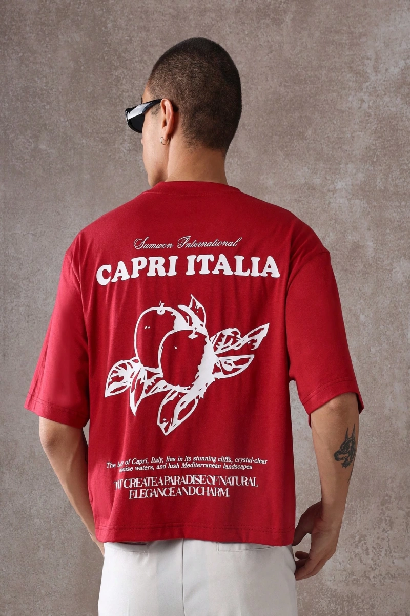 Capri Italia İtalyan Yaz Grafik Tişört Büyük Boy Kutu Kesim Seyahat Baskısı Akdeniz Ta