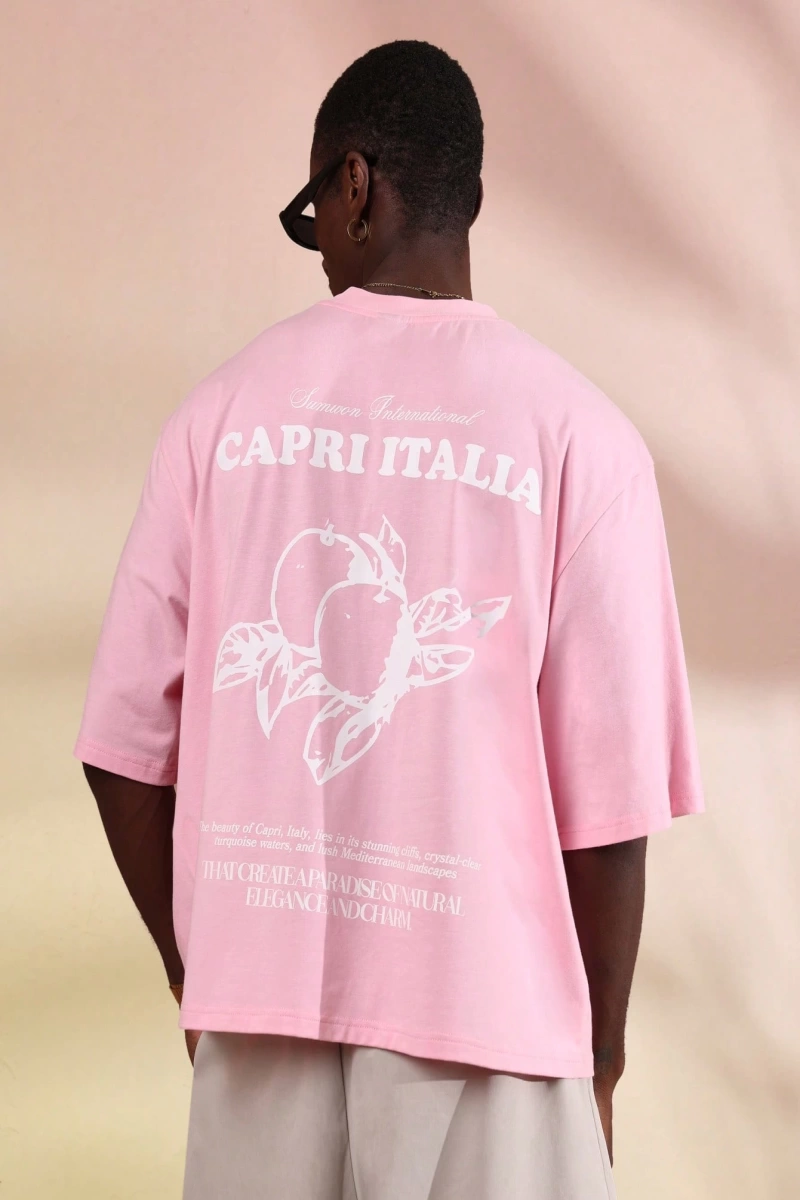 Capri Italia İtalyan Yaz Grafik Tişört Büyük Boy Kutu Kesim Seyahat Baskısı Akdeniz Ta