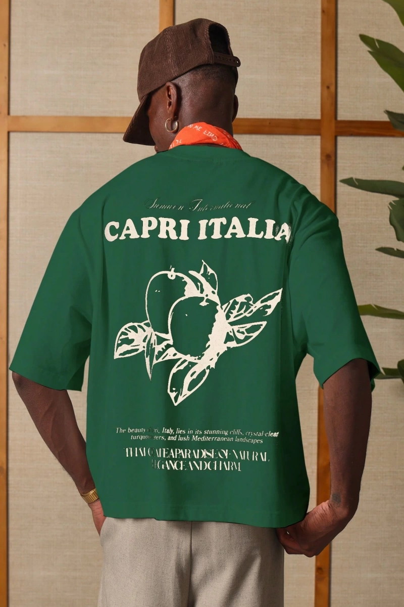 Capri Italia İtalyan Yaz Grafik Tişört Büyük Boy Kutu Kesim Seyahat Baskısı Akdeniz Ta