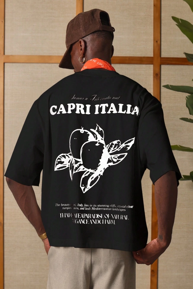 Capri Italia İtalyan Yaz Grafik Tişört Büyük Boy Kutu Kesim Seyahat Baskısı Akdeniz Ta