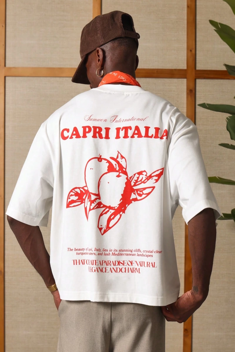 Capri Italia İtalyan Yaz Grafik Tişört Büyük Boy Kutu Kesim Seyahat Baskısı Akdeniz Ta