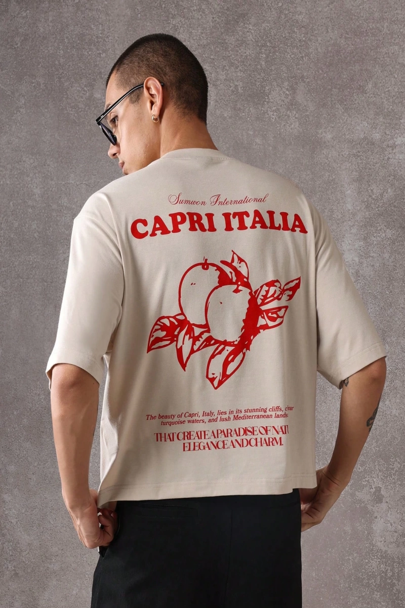 Capri Italia İtalyan Yaz Grafik Tişört Büyük Boy Kutu Kesim Seyahat Baskısı Akdeniz Ta