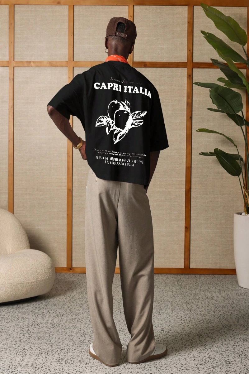 Capri Italia İtalyan Yaz Grafik Tişört Büyük Boy Kutu Kesim Seyahat Baskısı Akdeniz Ta