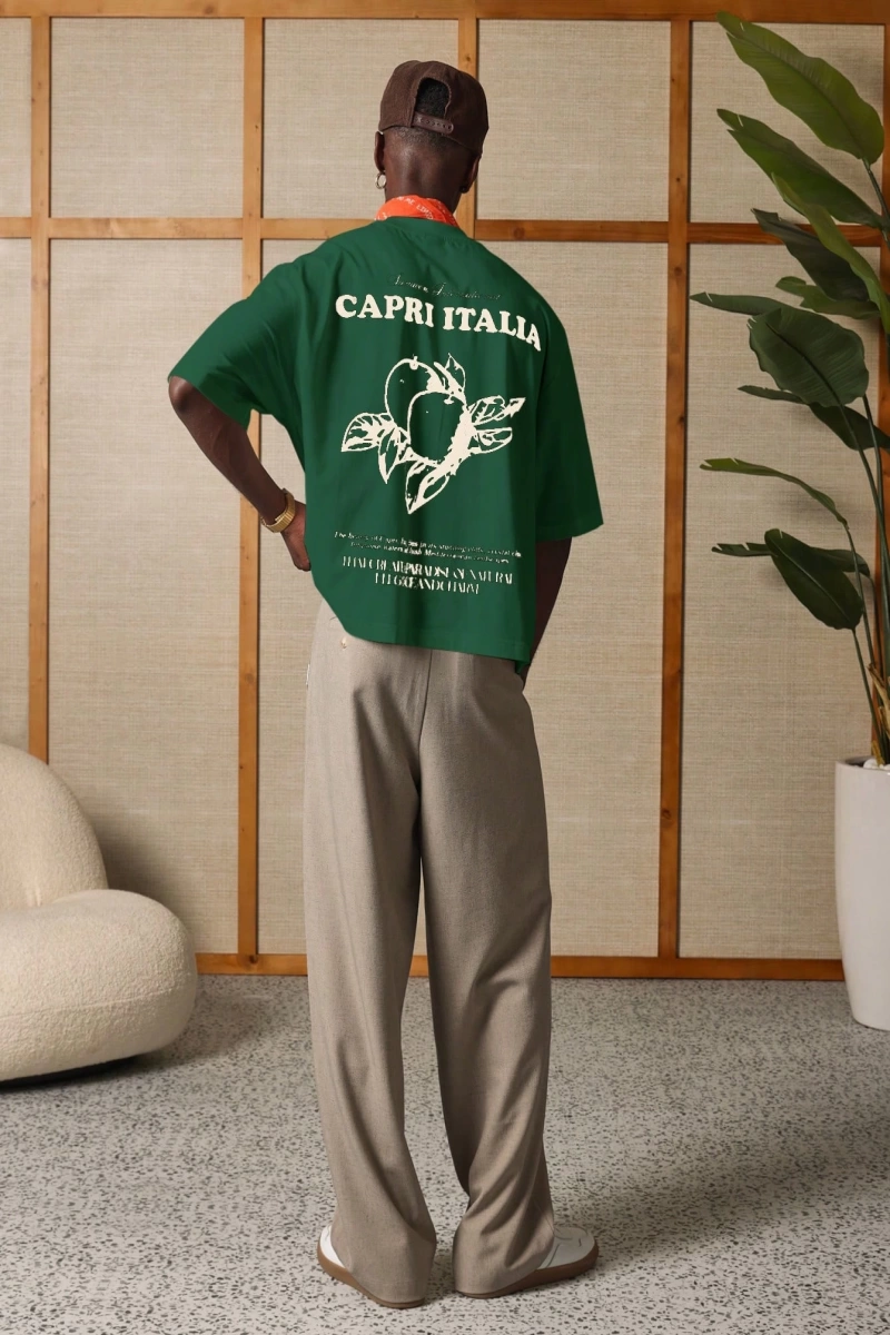 Capri Italia İtalyan Yaz Grafik Tişört Büyük Boy Kutu Kesim Seyahat Baskısı Akdeniz Ta