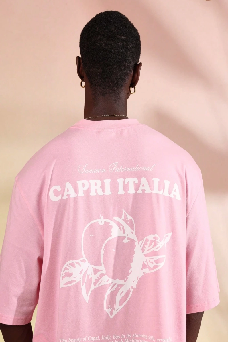 Capri Italia İtalyan Yaz Grafik Tişört Büyük Boy Kutu Kesim Seyahat Baskısı Akdeniz Ta