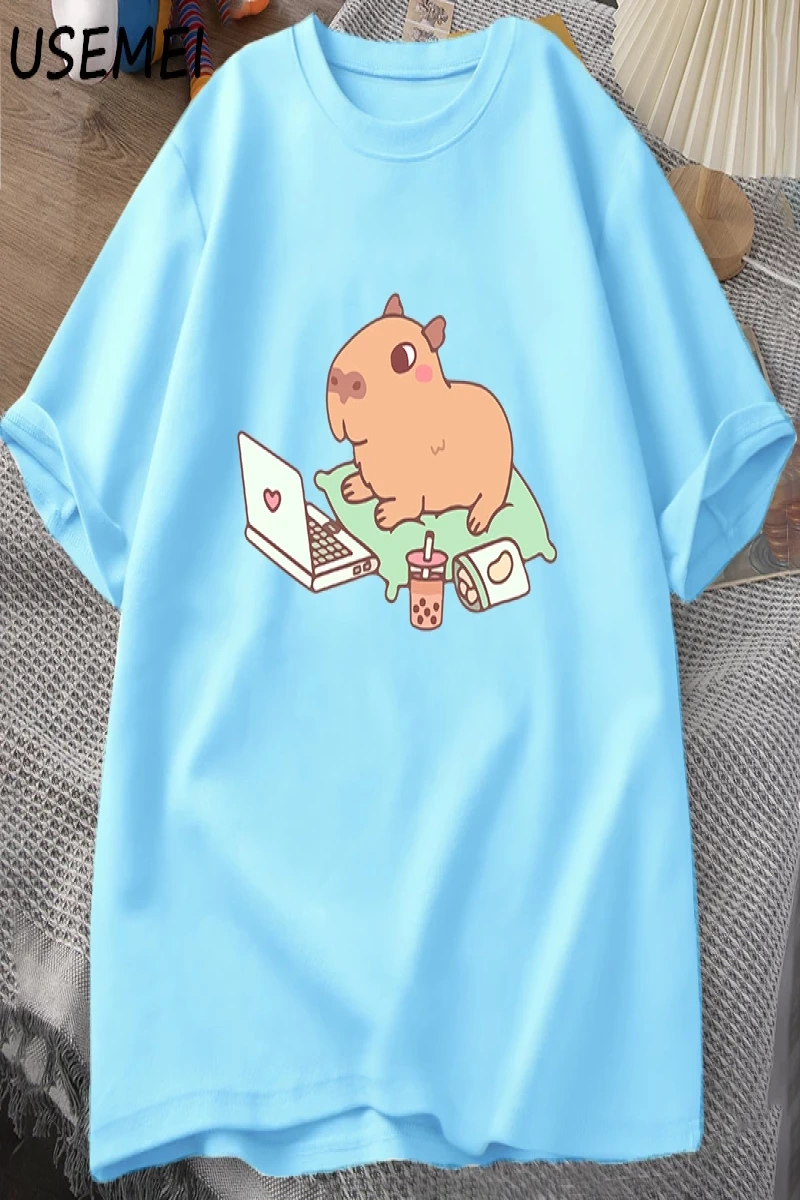 Capybara kullanımı bilgisayar Tshirt erkekler komik gevşek pamuklu üst giyim rahat yaz giysil 2852