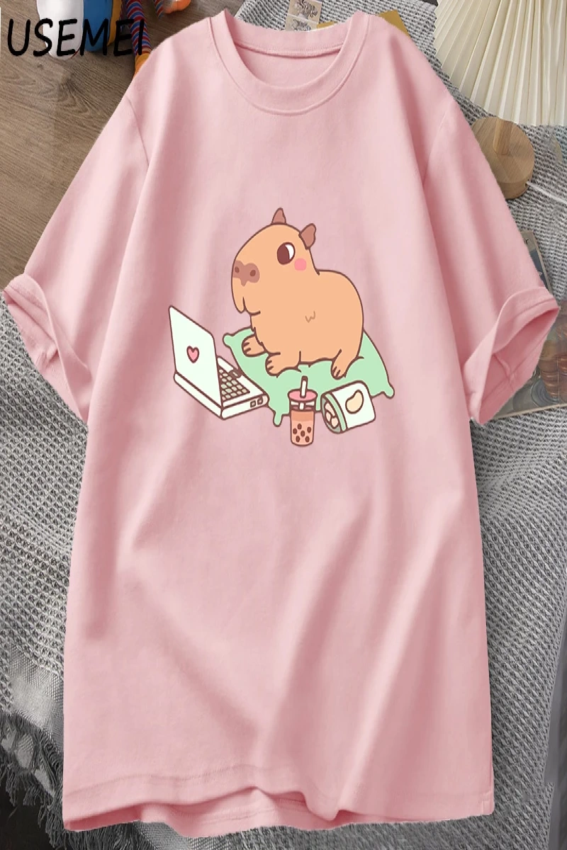 Capybara kullanımı bilgisayar Tshirt erkekler komik gevşek pamuklu üst giyim rahat yaz giysil 2852