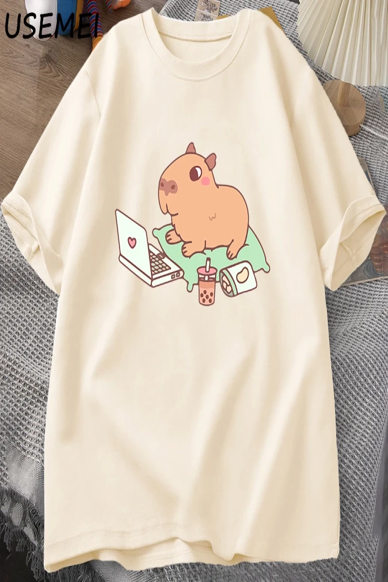 Capybara kullanımı bilgisayar Tshirt erkekler komik gevşek pamuklu üst giyim rahat yaz giysil 2852