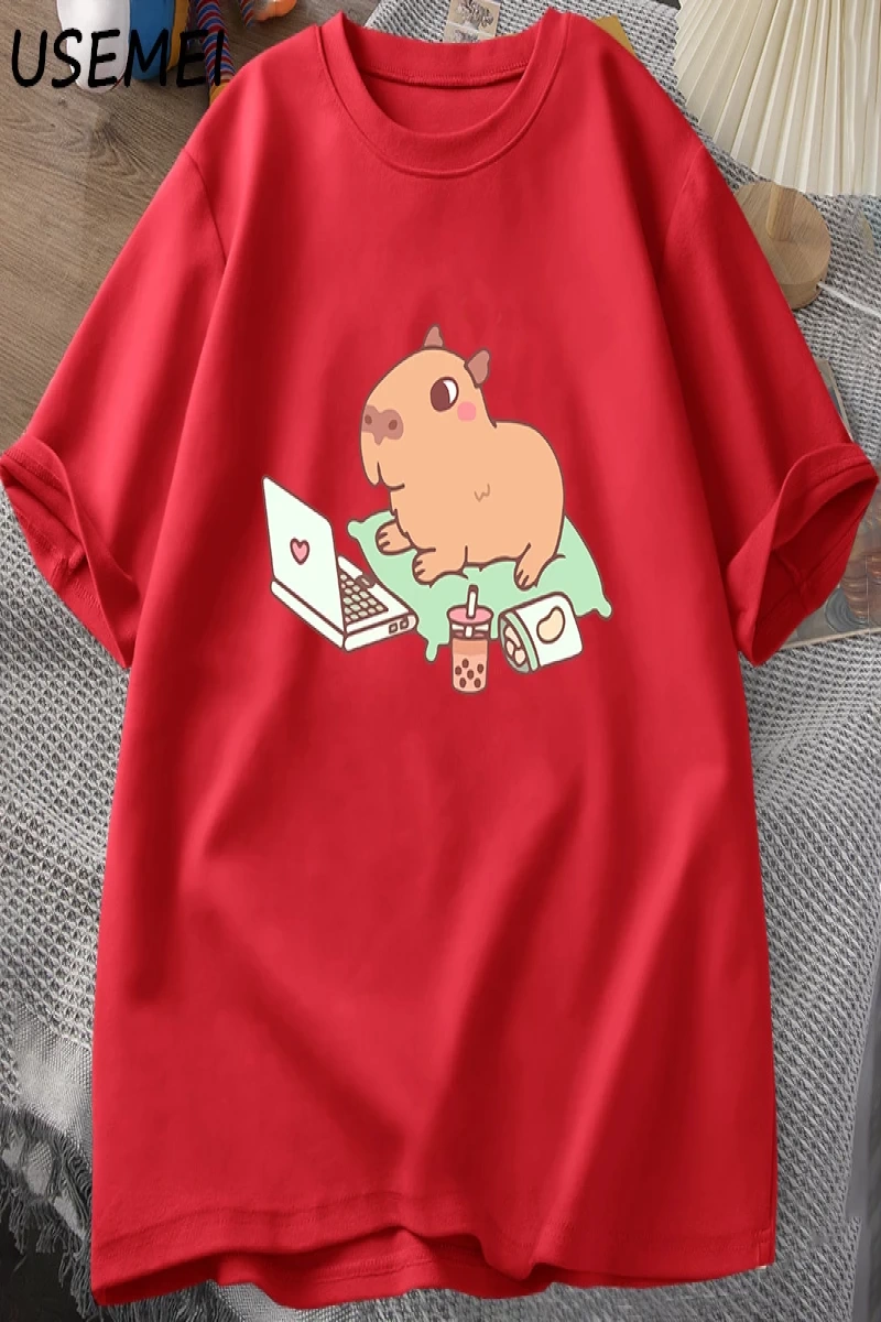 Capybara kullanımı bilgisayar Tshirt erkekler komik gevşek pamuklu üst giyim rahat yaz giysil 2852