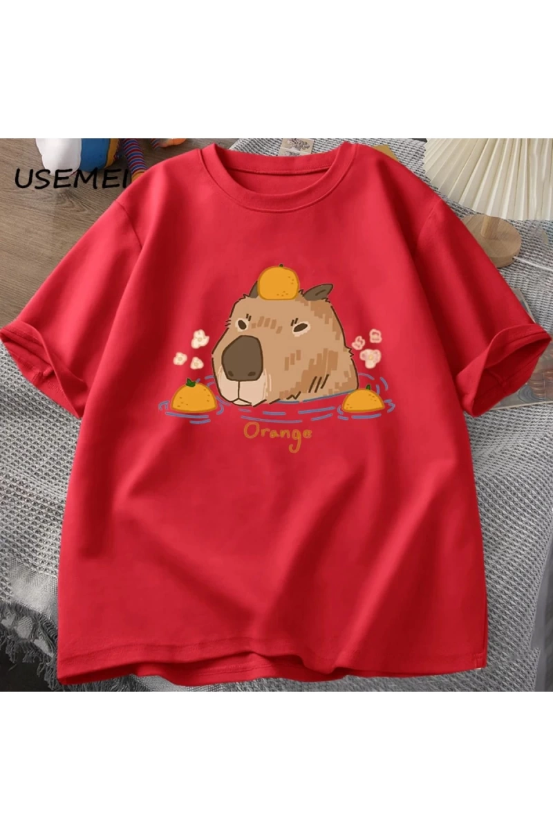 Capybara portakallar ile yüzme t-shirt boy T Shirt Unisex pamuk Shrot kollu karikatür hayvan