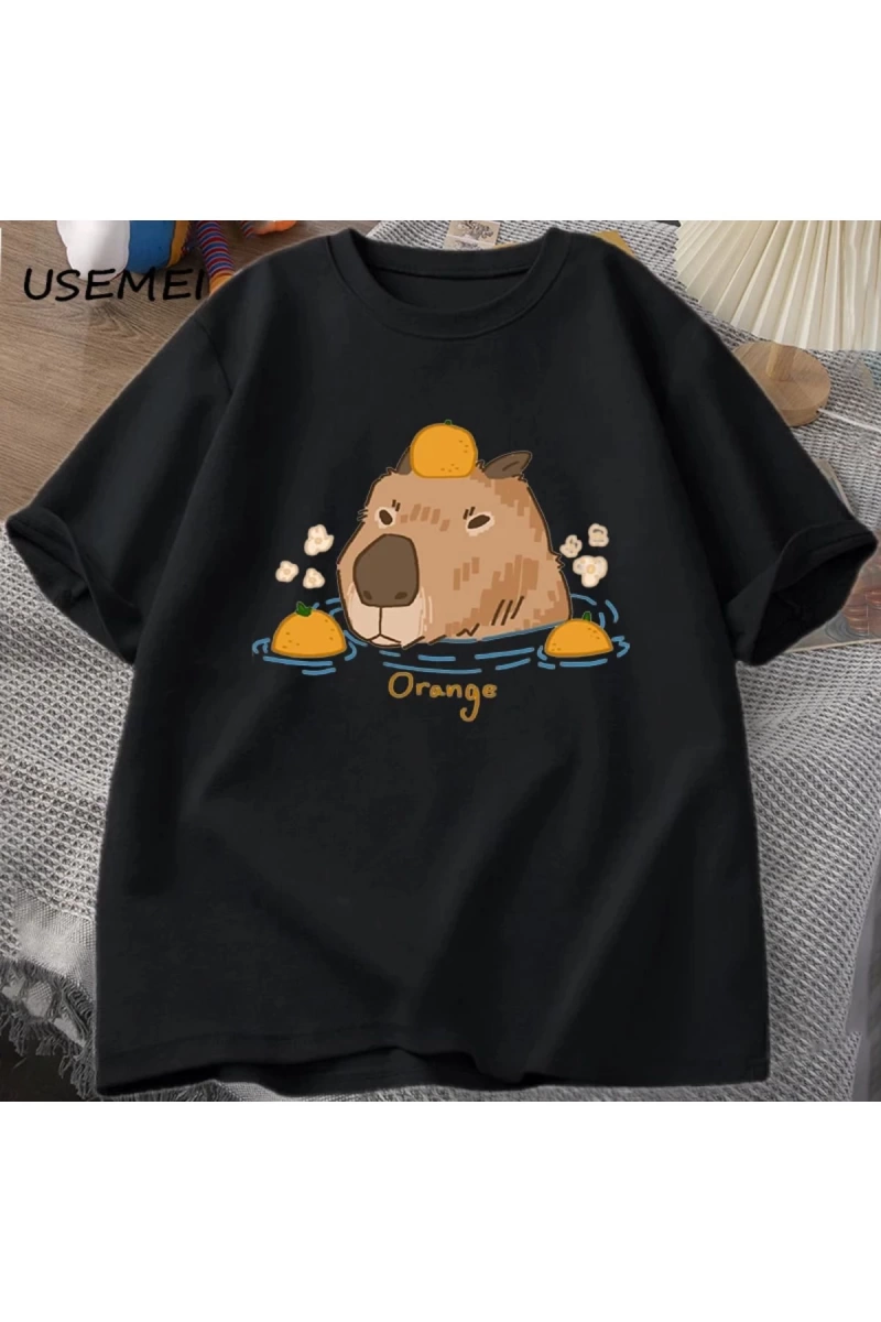 Capybara portakallar ile yüzme t-shirt boy T Shirt Unisex pamuk Shrot kollu karikatür hayvan