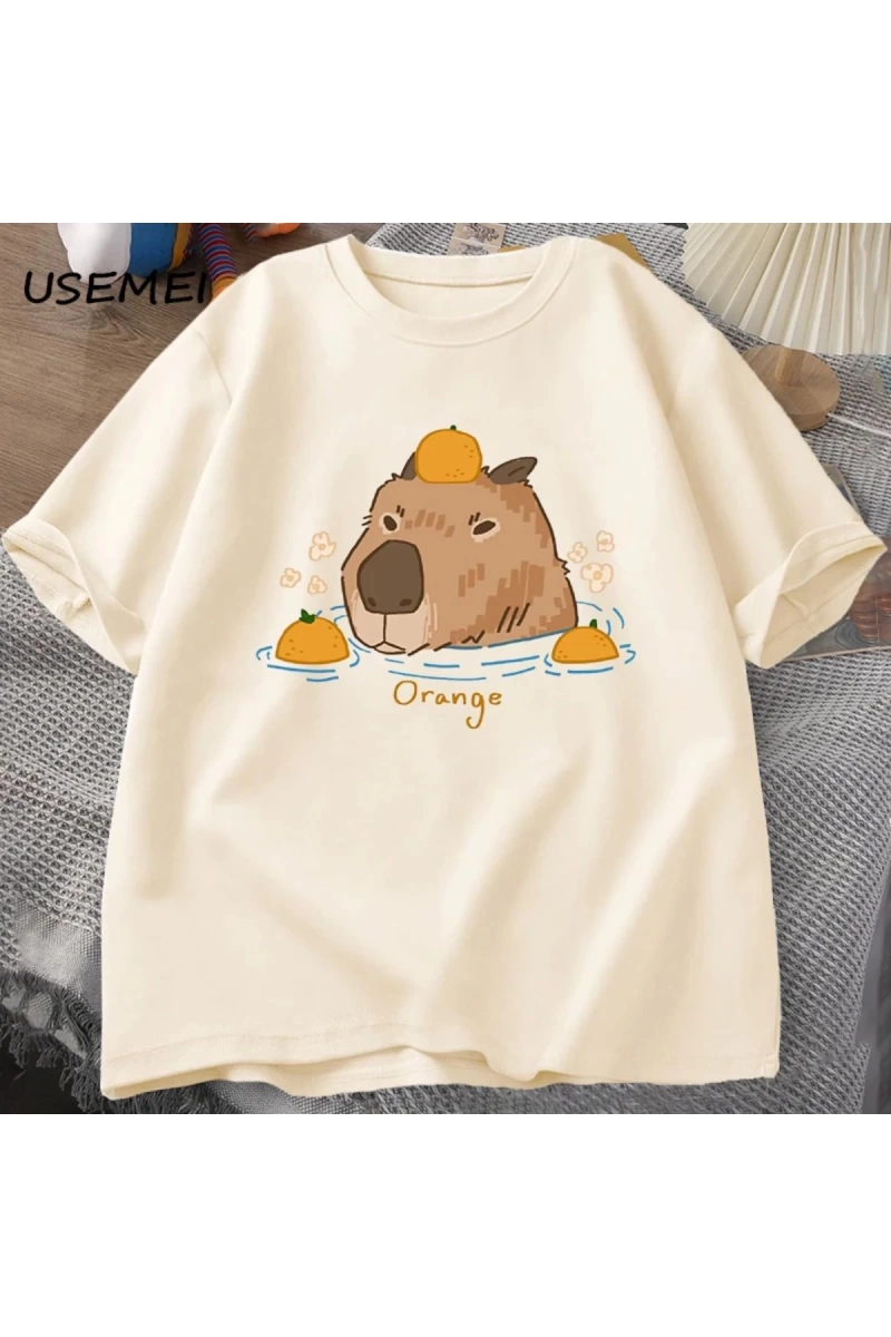 Capybara portakallar ile yüzme t-shirt boy T Shirt Unisex pamuk Shrot kollu karikatür hayvan