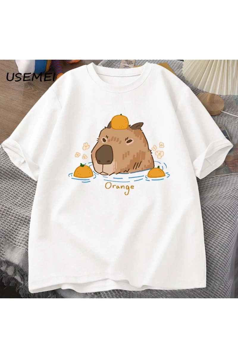 Capybara portakallar ile yüzme t-shirt boy T Shirt Unisex pamuk Shrot kollu karikatür hayvan