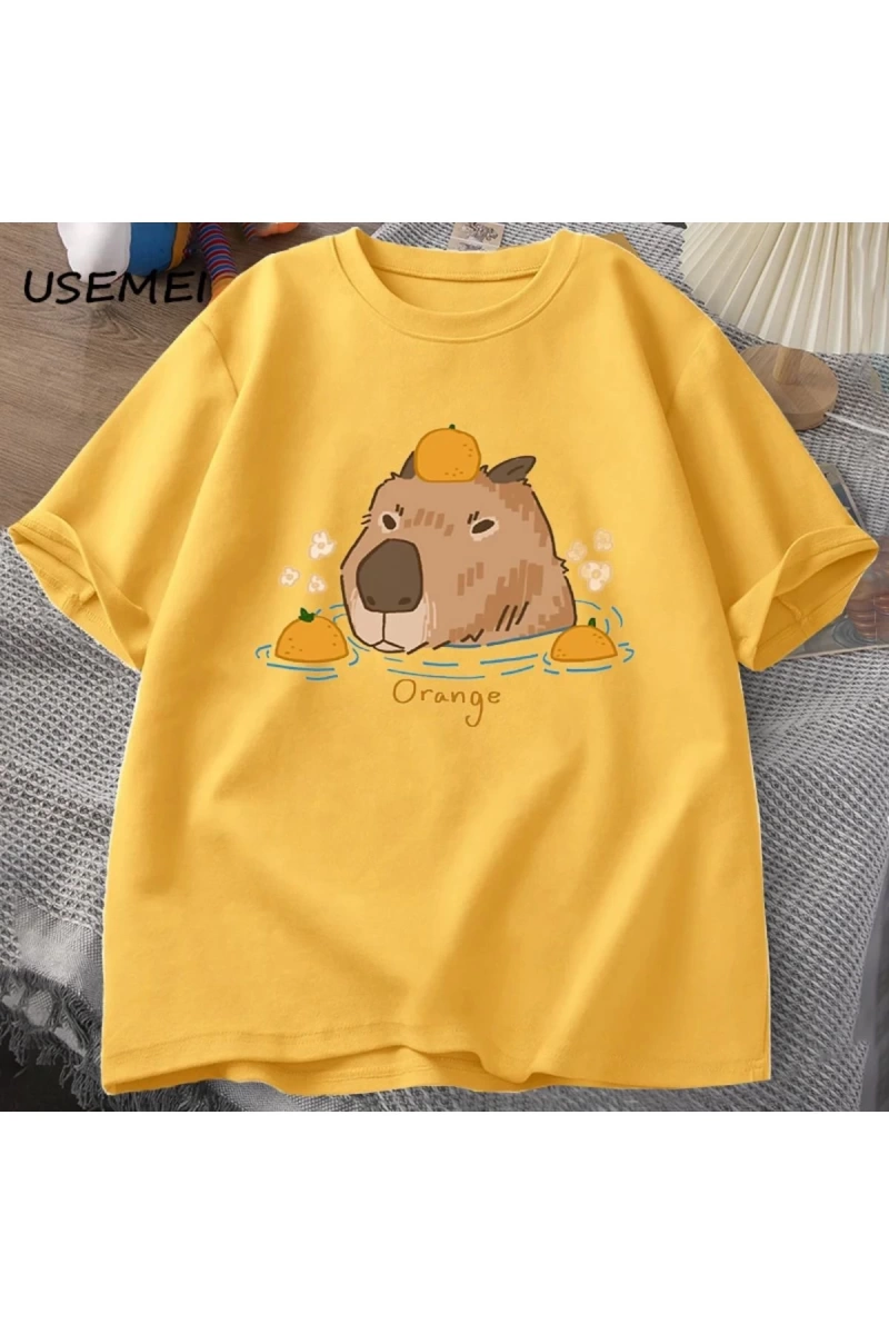Capybara portakallar ile yüzme t-shirt boy T Shirt Unisex pamuk Shrot kollu karikatür hayvan