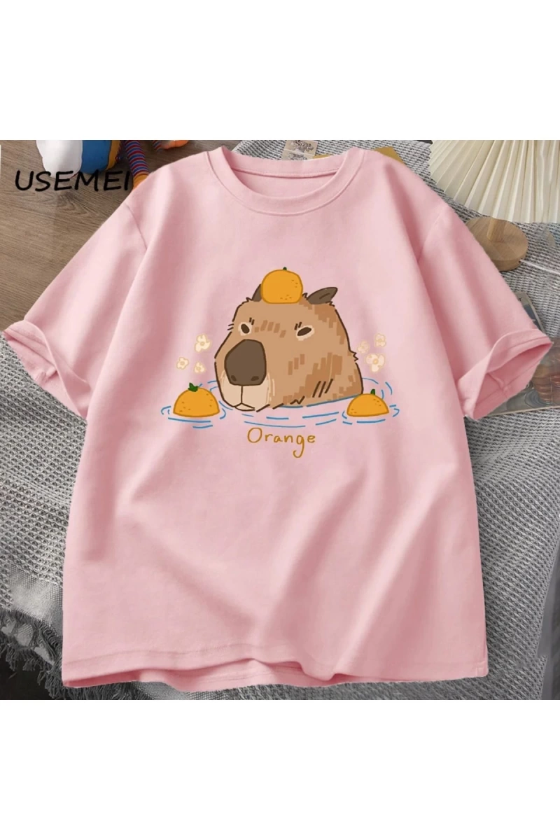 Capybara portakallar ile yüzme t-shirt boy T Shirt Unisex pamuk Shrot kollu karikatür hayvan