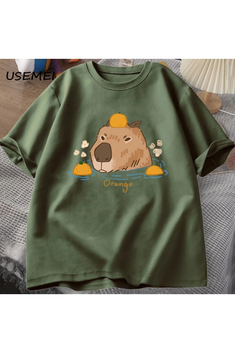 Capybara portakallar ile yüzme t-shirt boy T Shirt Unisex pamuk Shrot kollu karikatür hayvan
