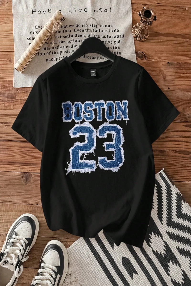 Casual Blue Aplike Boston 23 Baskılı Siyah Bol Yuvarlak Yaka Kısa Kollu Tişört, Pa