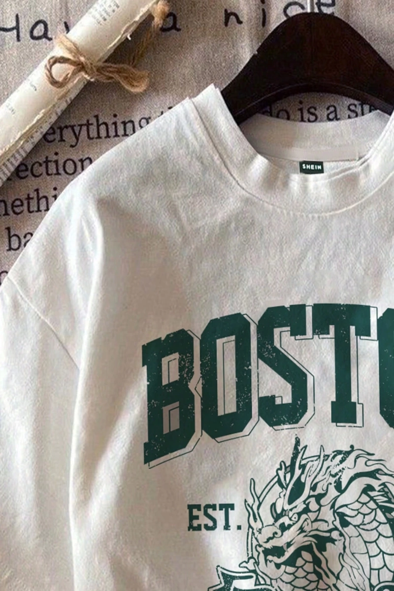 Casual Boston Baskılı Fitted Beyaz Yuvarlak Yaka Kısa Kollu Pamuklu Tişört Yaz İçin
