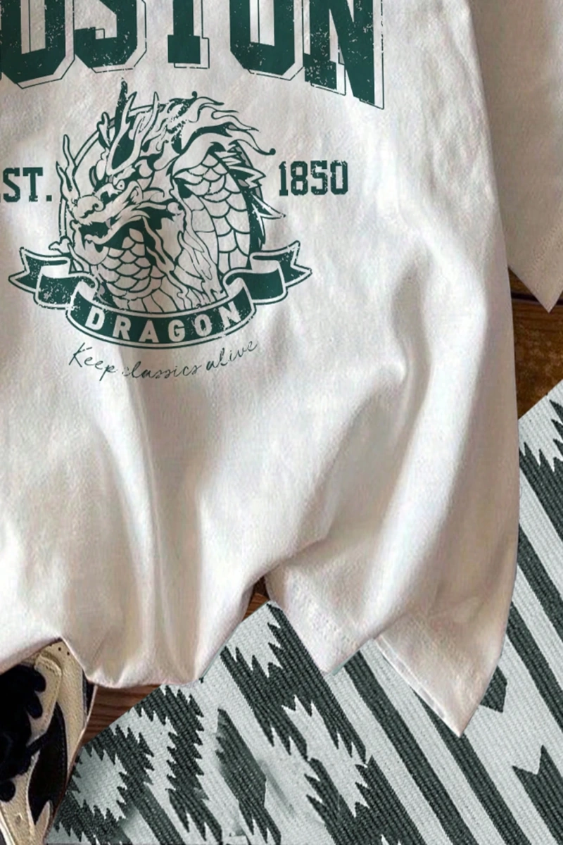 Casual Boston Baskılı Fitted Beyaz Yuvarlak Yaka Kısa Kollu Pamuklu Tişört Yaz İçin