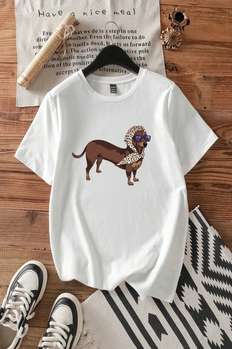 Casual Dog Grafik Baskılı Slim Fit Yuvarlak Yaka Kısa Kollu Büyük Beden Kadın Tişört