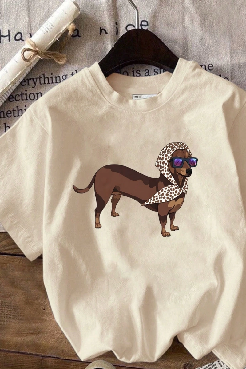 Casual Dog Grafik Baskılı Slim Fit Yuvarlak Yaka Kısa Kollu Büyük Beden Kadın Tişört