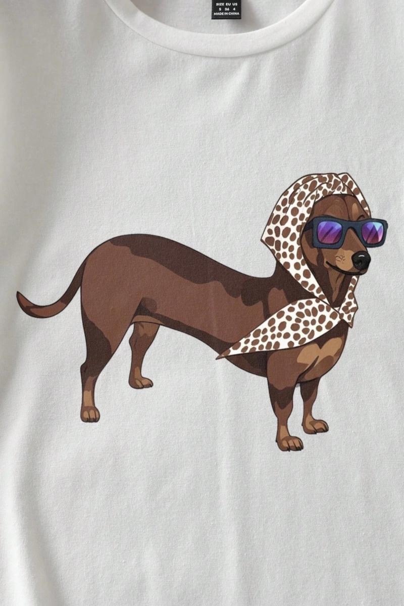 Casual Dog Grafik Baskılı Slim Fit Yuvarlak Yaka Kısa Kollu Büyük Beden Kadın Tişört
