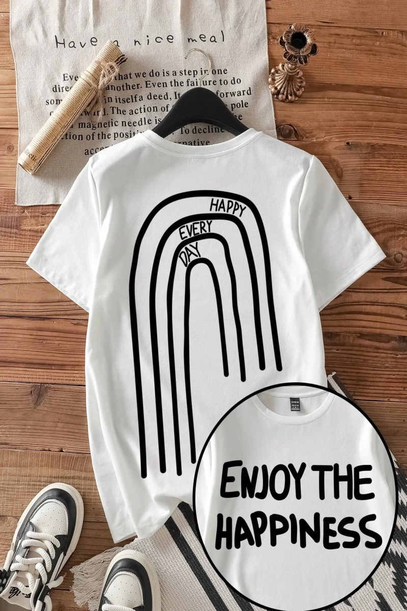 Casual Grafik Baskılı Mürettebat Yaka Kısa Kollu Fitted Kadın Tişörtü, Pamuk Karışım
