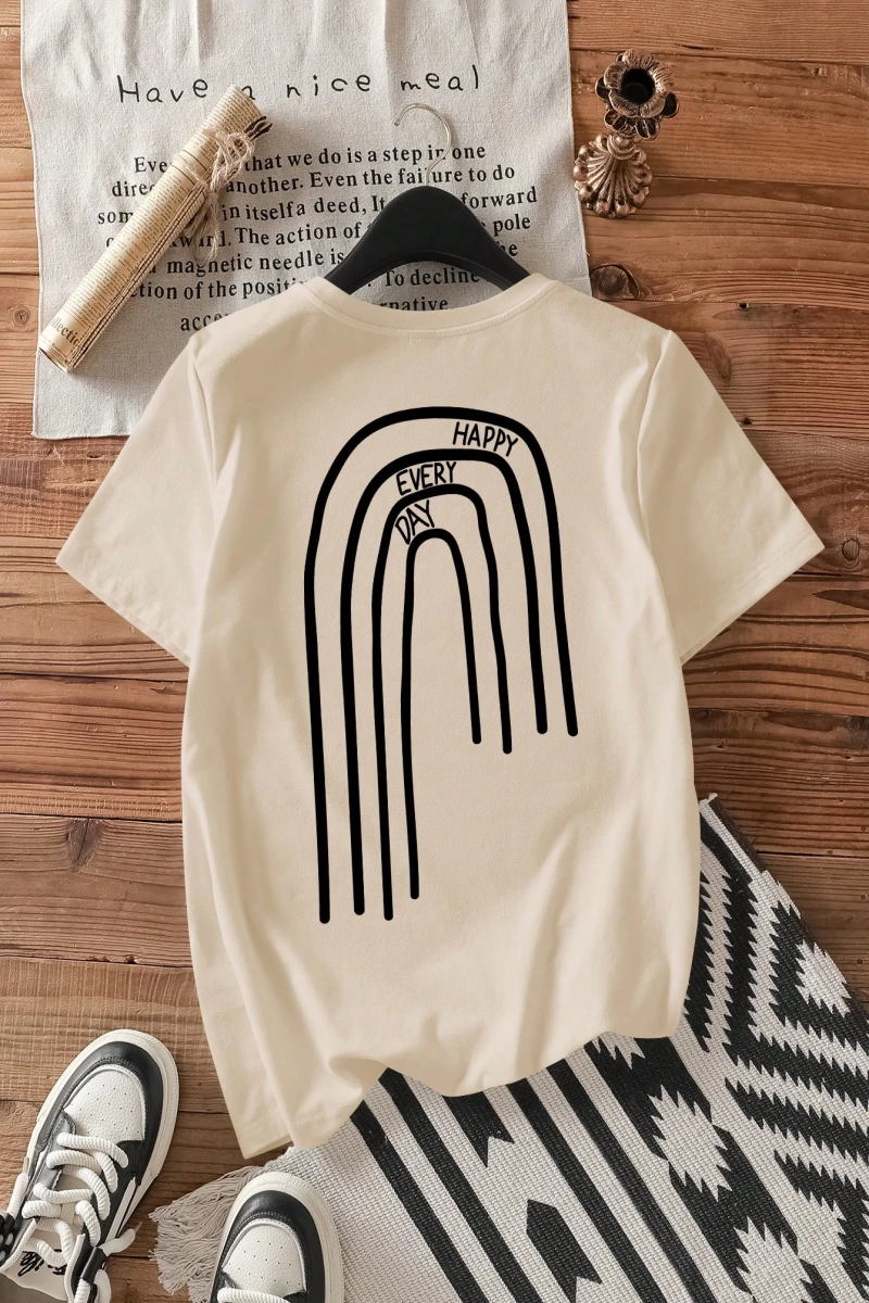 Casual Grafik Baskılı Mürettebat Yaka Kısa Kollu Fitted Kadın Tişörtü, Pamuk Karışım