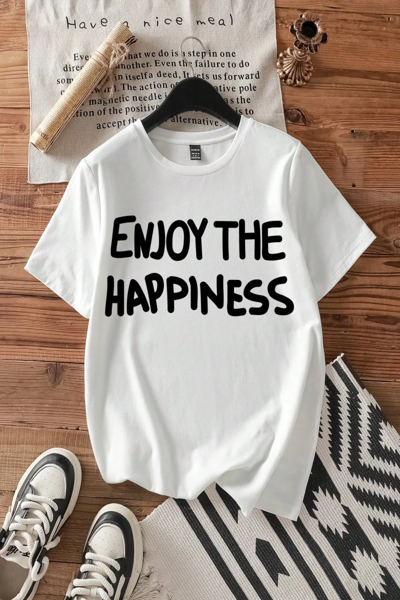Casual Grafik Baskılı Mürettebat Yaka Kısa Kollu Fitted Kadın Tişörtü, Pamuk Karışım