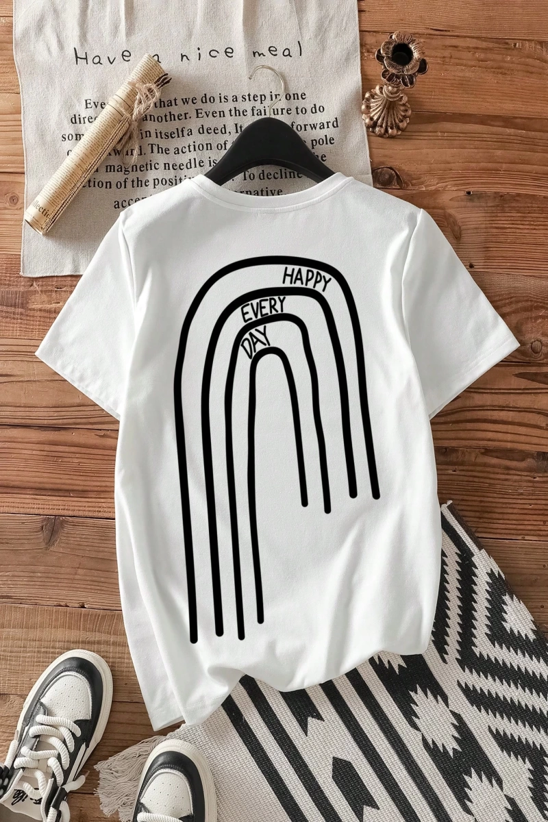 Casual Grafik Baskılı Mürettebat Yaka Kısa Kollu Fitted Kadın Tişörtü, Pamuk Karışım