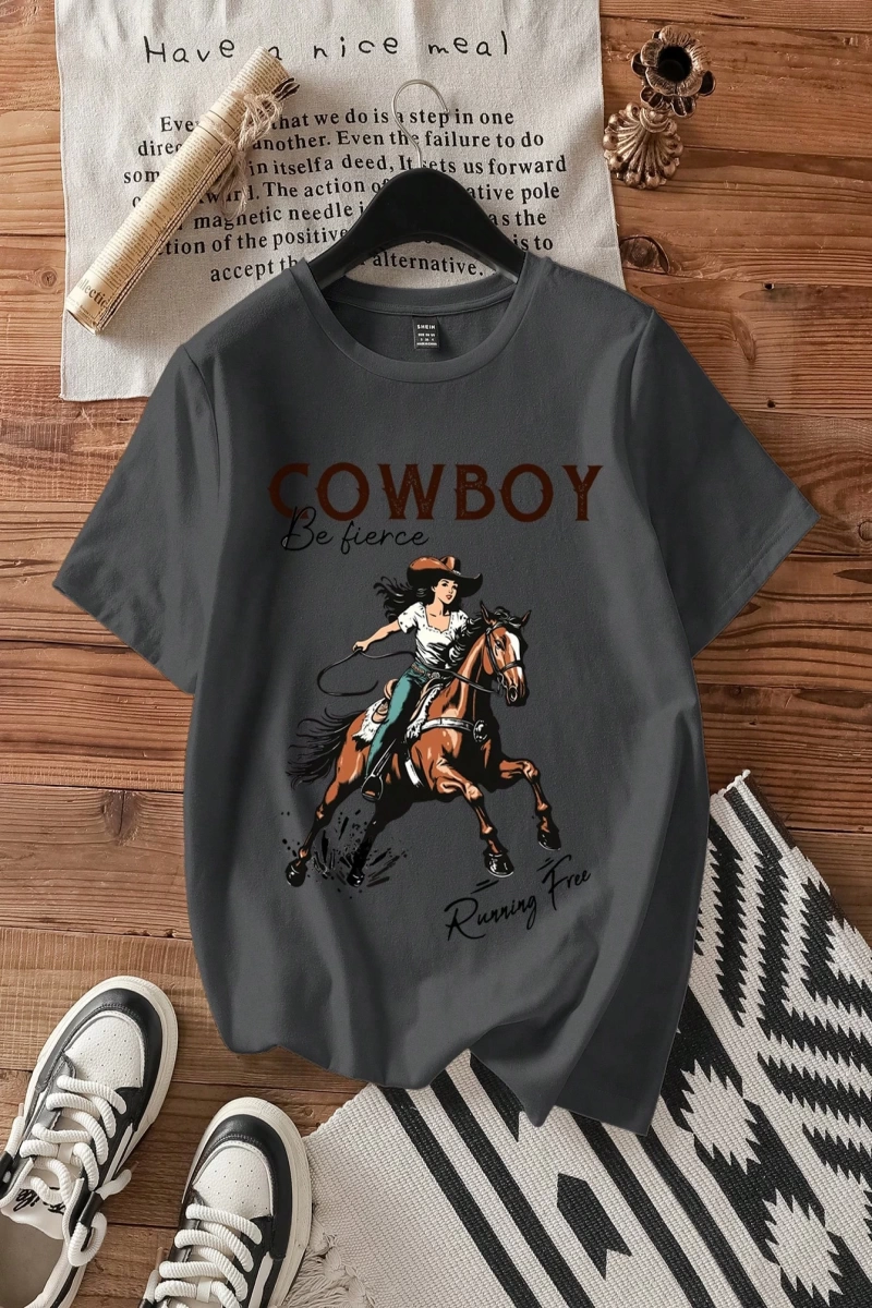 Casual Loose Binicilik Baskılı Yuvarlak Yaka Kısa Kollu Kadın Tişörtü, Yaz İçin Uygu