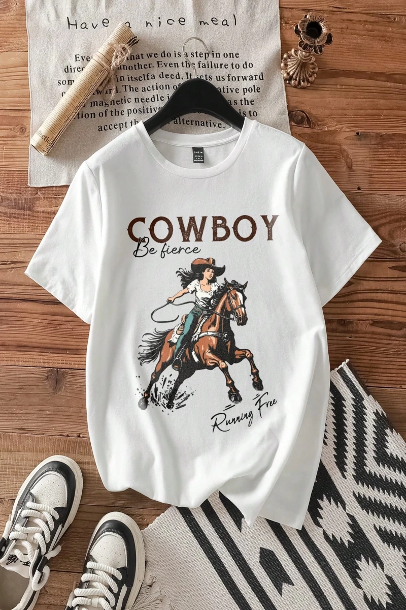 Casual Loose Binicilik Baskılı Yuvarlak Yaka Kısa Kollu Kadın Tişörtü, Yaz İçin Uygu