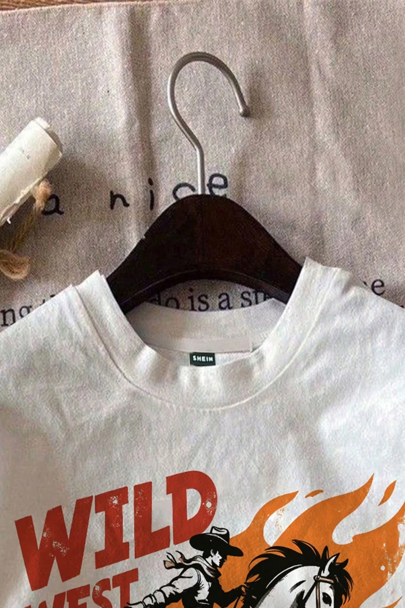 Casual Loose Binicilik Baskılı Yuvarlak Yaka Kısa Kollu Kadın Tişörtü, Yaz İçin Uygu