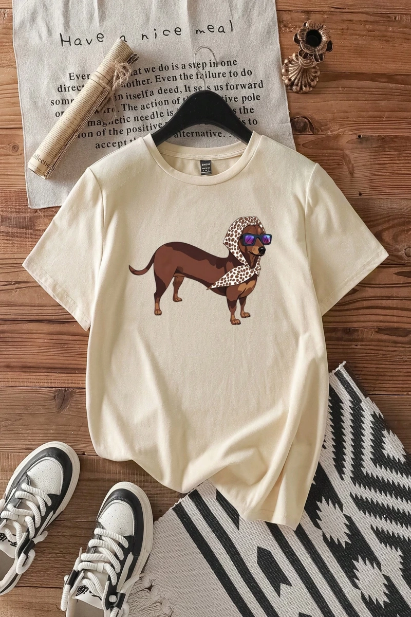 Casual Loose Dachshund Baskılı Yuvarlak Yaka Kısa Kollu Kadın Tişörtü, Yaz İçin Uygu