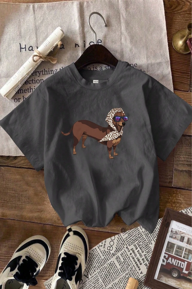 Casual Loose Dachshund Baskılı Yuvarlak Yaka Kısa Kollu Kadın Tişörtü, Yaz İçin Uygu