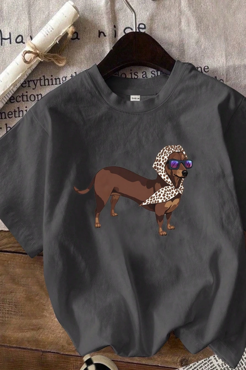 Casual Loose Dachshund Baskılı Yuvarlak Yaka Kısa Kollu Kadın Tişörtü, Yaz İçin Uygu