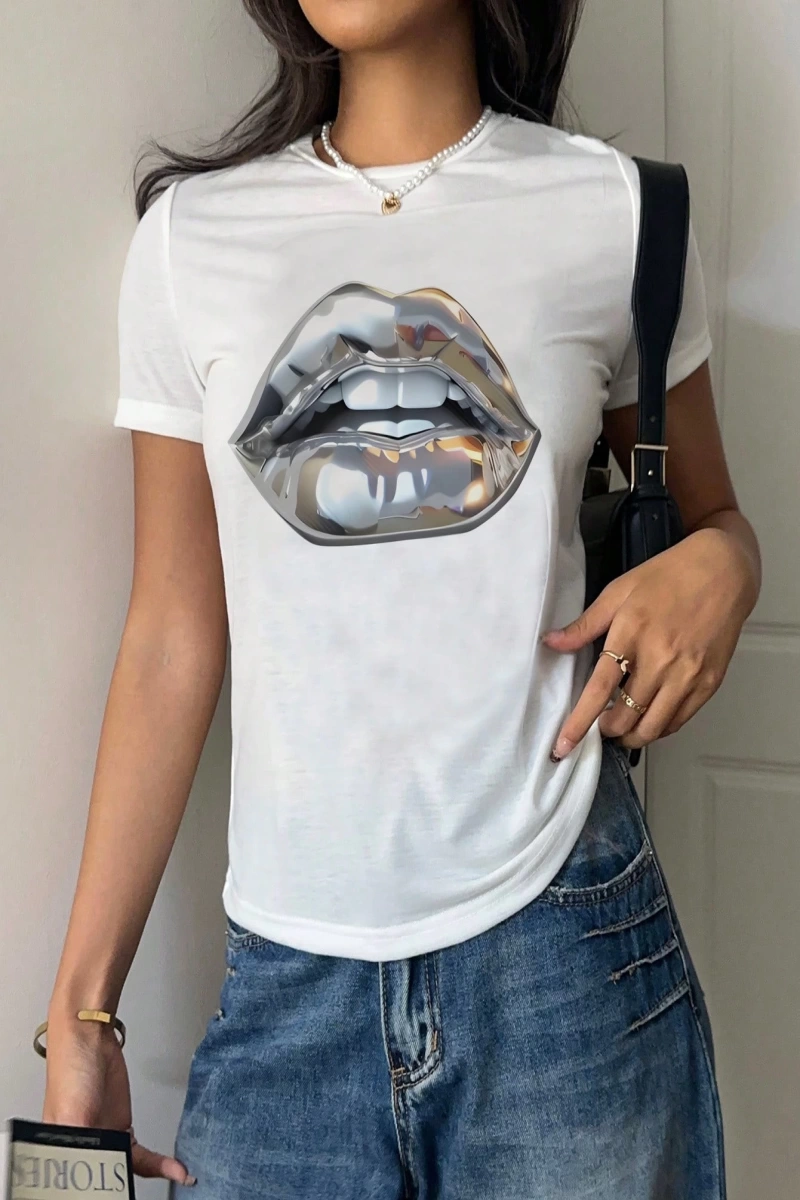 Casual Loose Dachshund Baskılı Yuvarlak Yaka Kısa Kollu Kadın Tişörtü, Yaz İçin Uygu