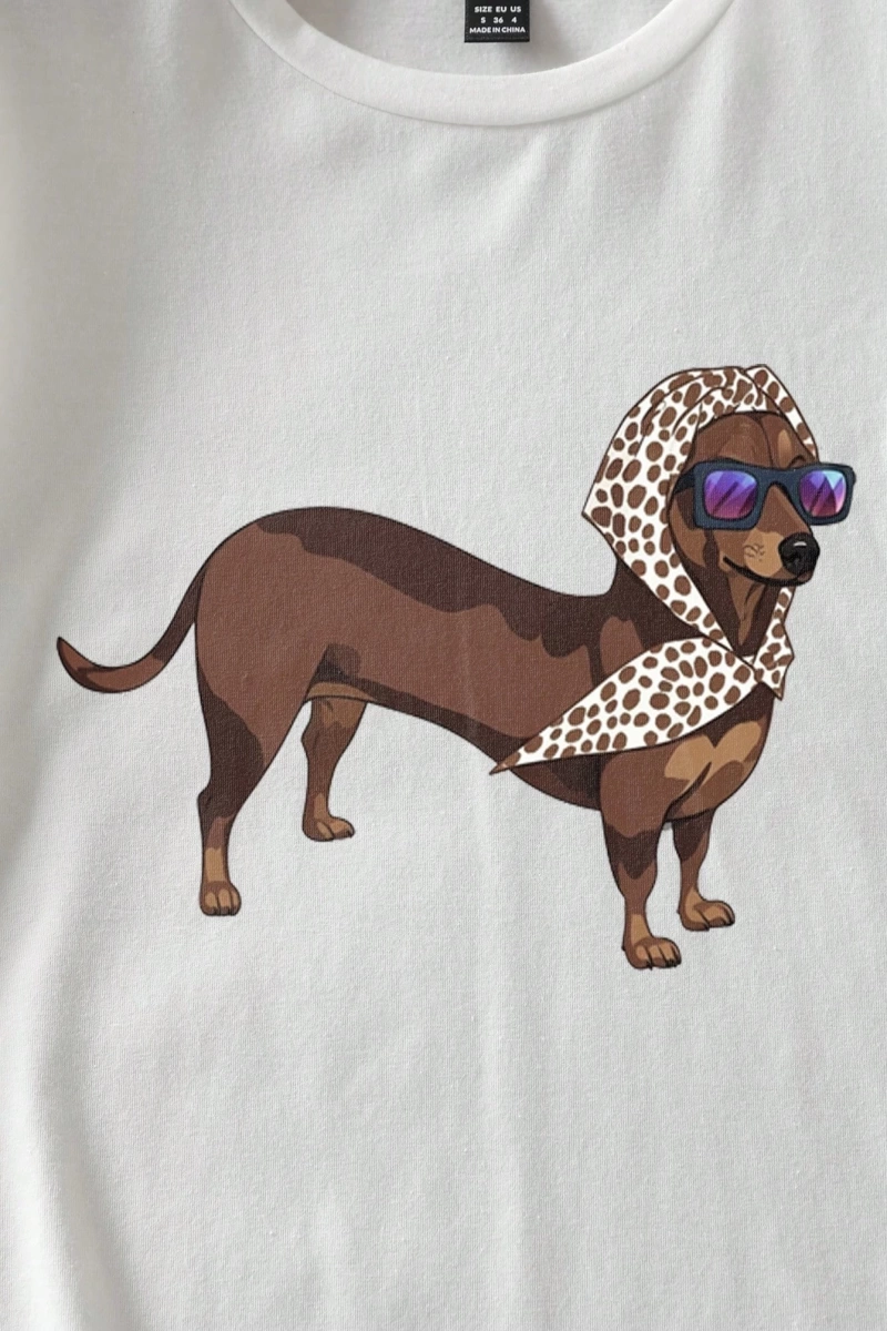 Casual Loose Dachshund Baskılı Yuvarlak Yaka Kısa Kollu Kadın Tişörtü, Yaz İçin Uygu