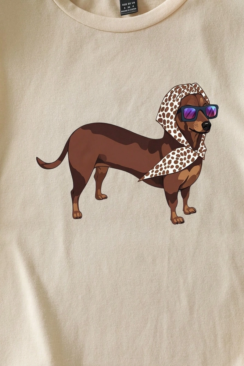 Casual Loose Dachshund Baskılı Yuvarlak Yaka Kısa Kollu Kadın Tişörtü, Yaz İçin Uygu