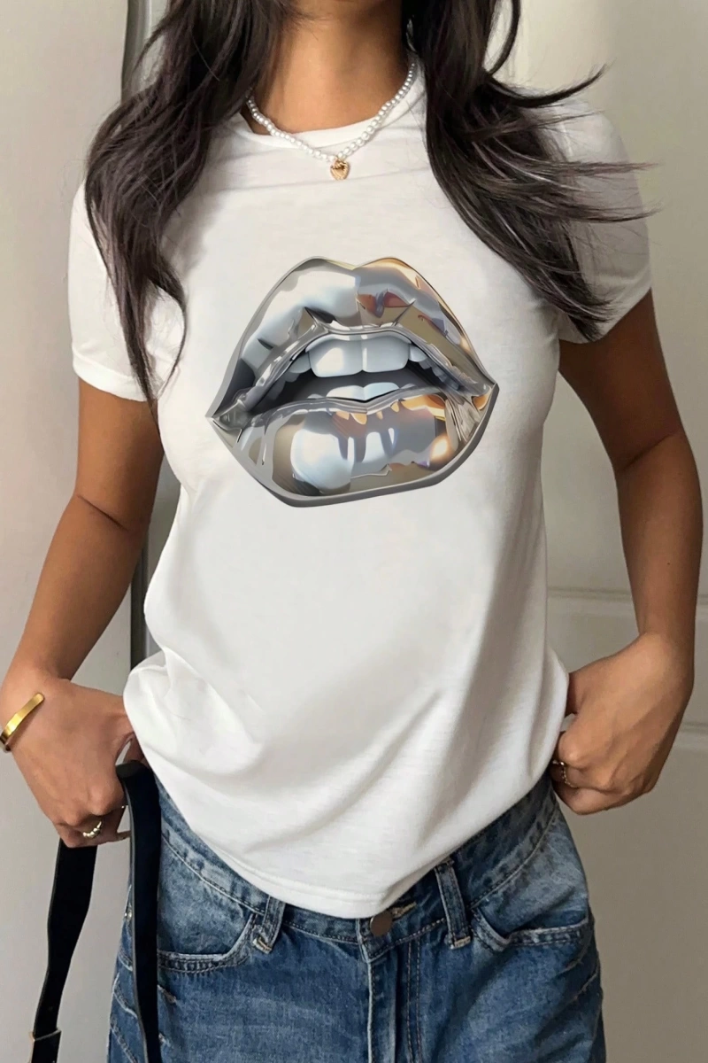 Casual Loose Dachshund Baskılı Yuvarlak Yaka Kısa Kollu Kadın Tişörtü, Yaz İçin Uygu