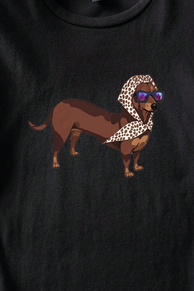 Casual Loose Dachshund Baskılı Yuvarlak Yaka Kısa Kollu Kadın Tişörtü, Yaz İçin Uygu