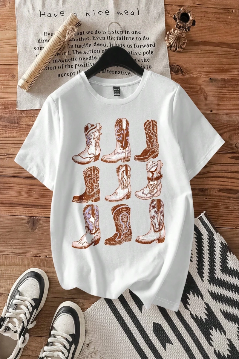 Casual Loose Dokuz Kareli Izgara Desen Yuvarlak Yaka Kısa Kollu Kadın Tişörtü, Y