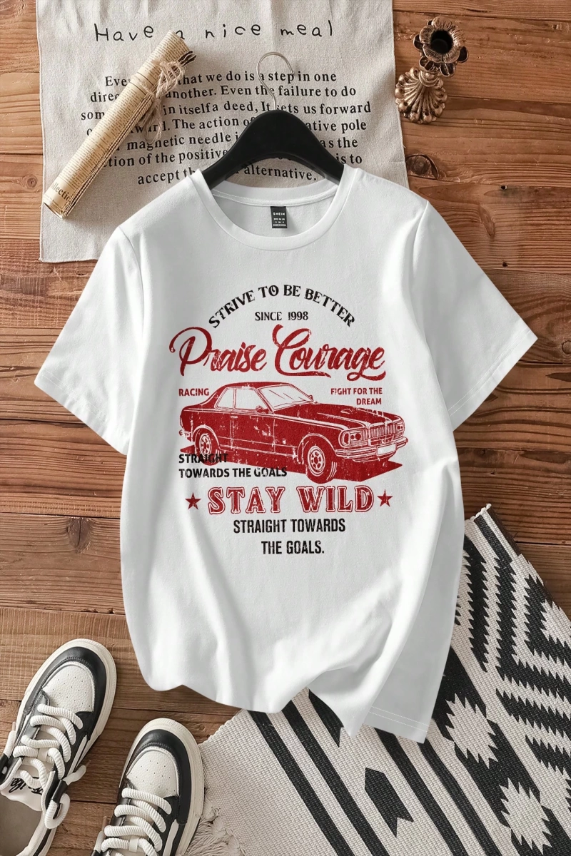 Casual Loose Fit Araba Baskılı Yuvarlak Yaka Kısa Kollu Kadın Tişörtü, Yaz İçin Uygu