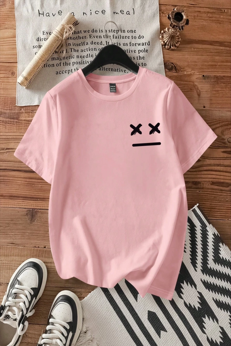 Casual Loose Fit Kısa Kollu Kadın Tişörtü İfade Baskılı, Yaz İçin Uygun