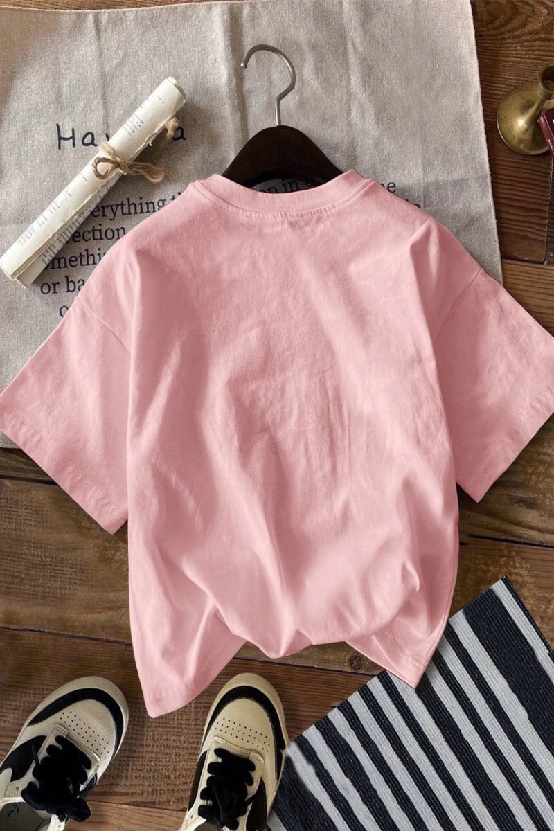 Casual Loose Fit Kısa Kollu Kadın Tişörtü İfade Baskılı, Yaz İçin Uygun