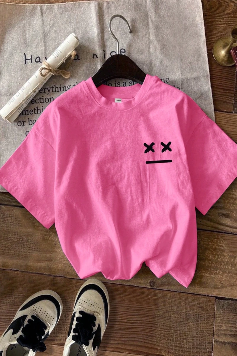 Casual Loose Fit Kısa Kollu Kadın Tişörtü İfade Baskılı, Yaz İçin Uygun