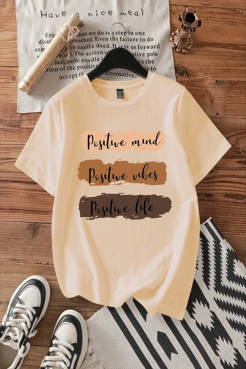 Casual Loose Grafik Baskılı Yuvarlak Yaka Kısa Kollu Kadın Tişörtü, Yazlık Kazak İçi