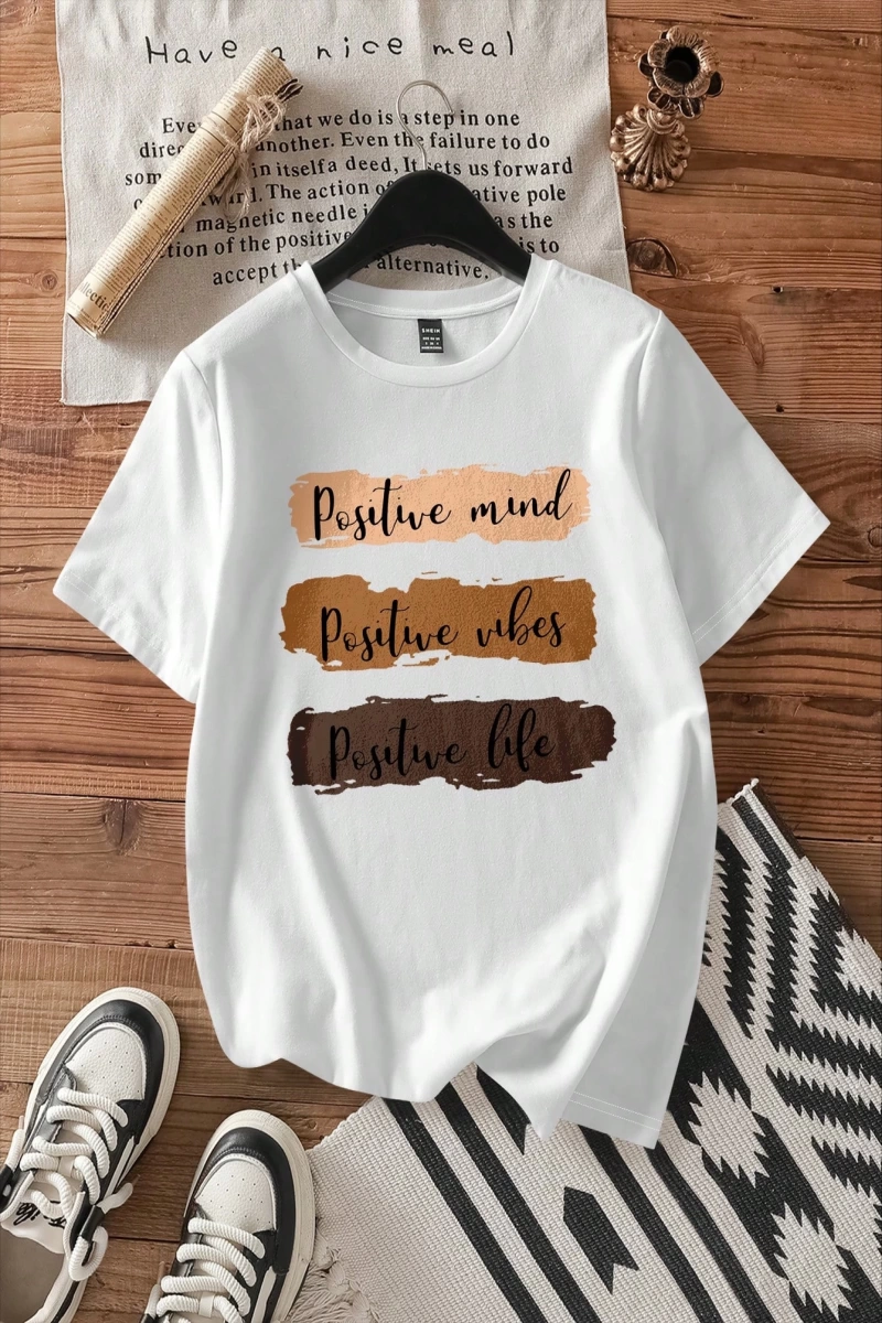 Casual Loose Grafik Baskılı Yuvarlak Yaka Kısa Kollu Kadın Tişörtü, Yazlık Kazak İçi